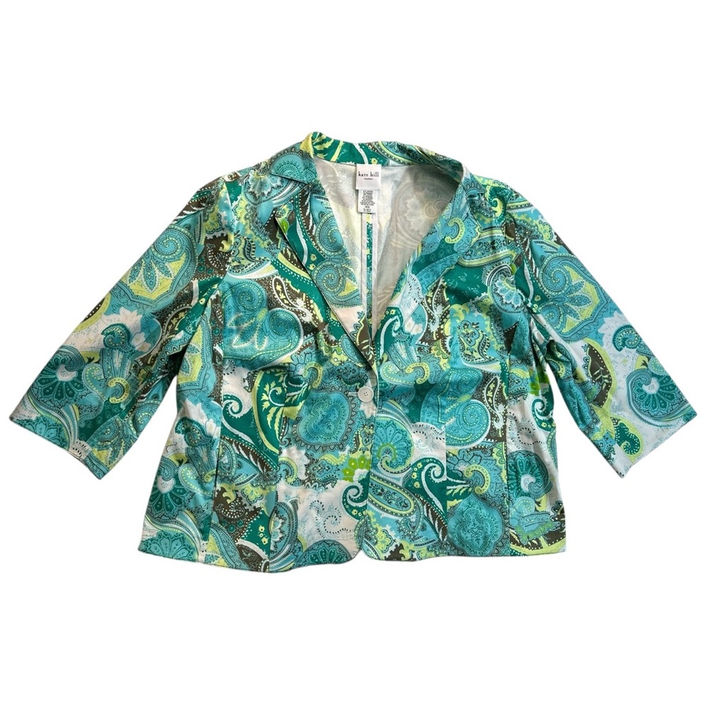 Kate Hill Woman Blazer Jacket 18 W Green Paisley Teal Button 3/4 Sleeve